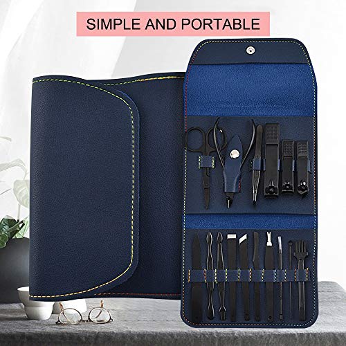  Bihuo Manicure Set, Stainless Steel Professional Pedicure Kit Nail Scissors Grooming Kit - Portable Travel Nail Manicure/Pedicure Tools kit for Men and Women with PU Leather Case (Blue)