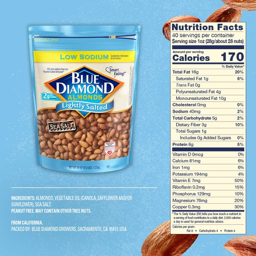  Blue Diamond Almonds Low Sodium Lightly Salted, 40 Oz