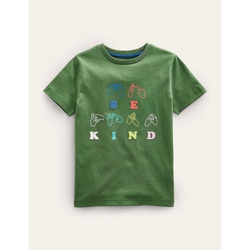 보덴 Boden Chain Stitch Slogan T-shirt - Safari Green Be Kind
