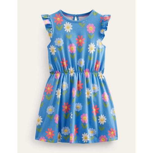 보덴 Boden Frill Sleeve Jersey Dress - Penzance Blue Flowers