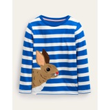 Boden Big Applique Striped T-shirt - Moroccan Blue/ Ivory Rabbit