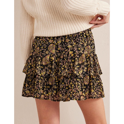 보덴 Boden Ruffle Mini Skirt - Black, Wildflower Paisley