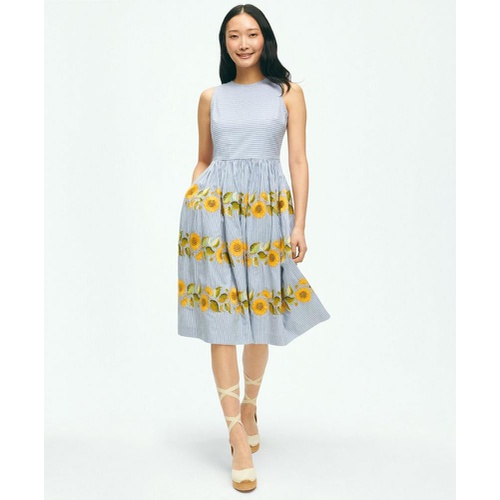 브룩스브라더스 Sunflower Embroidered Striped Fit-And-Flare Dress In Cotton