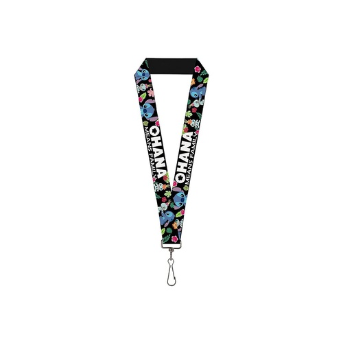  Buckle-Down Lanyard - OHANA MEANS FAMILY/Stitch & Scrump Poses/Tropical Flora Black/White/Multi Color