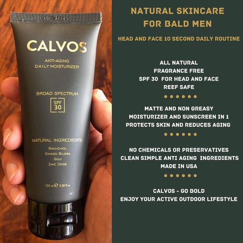  Calvos Anti-Aging Sunscreen and Moisturizer for Bald Men Head and Face. SPF 30 All Natural - Fragrance Free - Reef Safe - Non Greasy Matte Sunblock and Face Cream Protects Nourishe