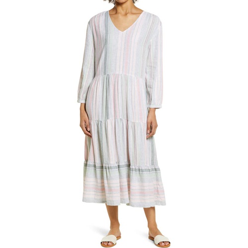  Caslon Long Sleeve Tiered Midi Dress_WHITE- PINK NISSI STRIPE