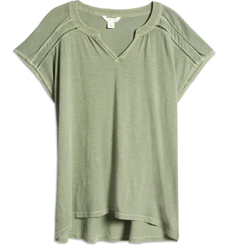  Caslon Ladder Stitch Split Neck Top_GREEN DUNE