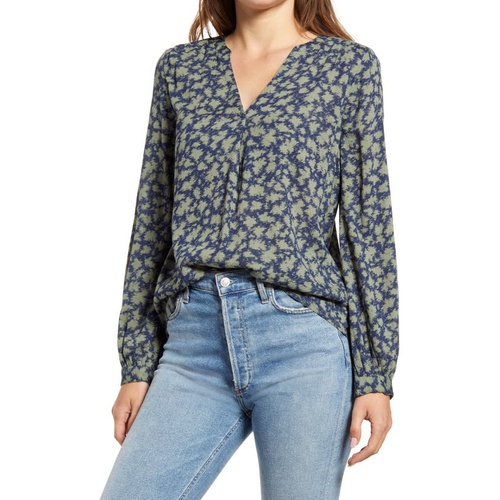  Caslon V-Neck Long Sleeve Crinkle Crepe Shirt_GREEN- NAVY IKAT ANIMAL