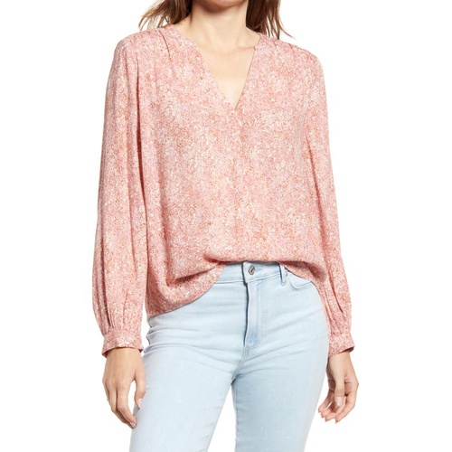  Caslon V-Neck Long Sleeve Crinkle Crepe Shirt_PURPLE- PINK SUNFLOWER