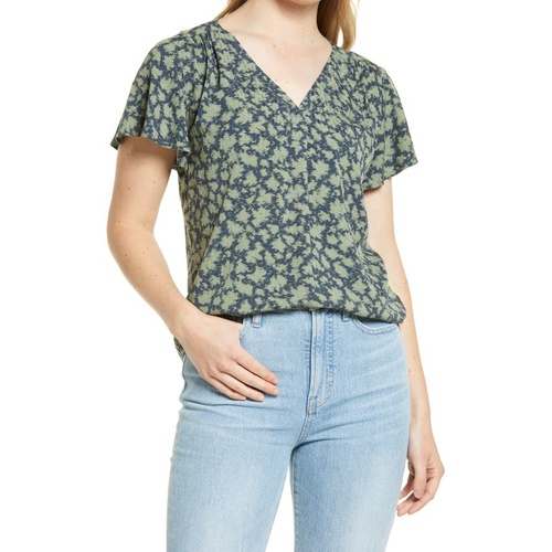  Caslon Dobby Flutter Sleeve Top_GREEN- NAVY IKAT ANIMAL