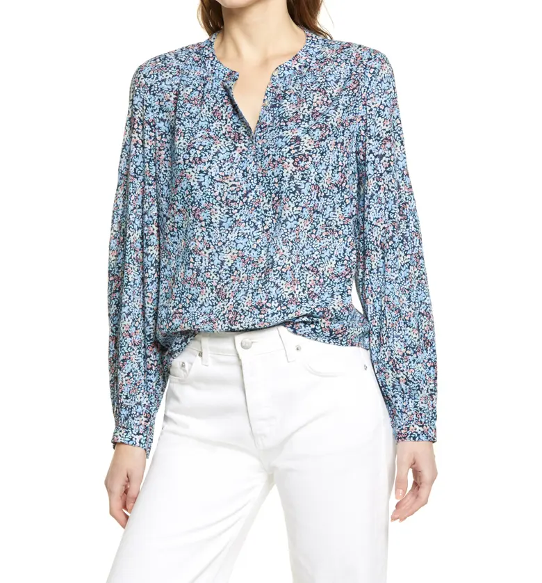  Caslon Floral Print Crepe Button Front Blouse_NAVY PEACOAT MIXED MEADOWS