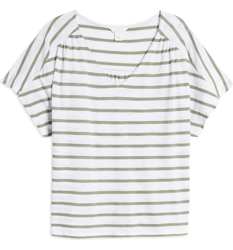  Caslon Gathered V-Neck T-Shirt_WHITE- GREEN STRIPE