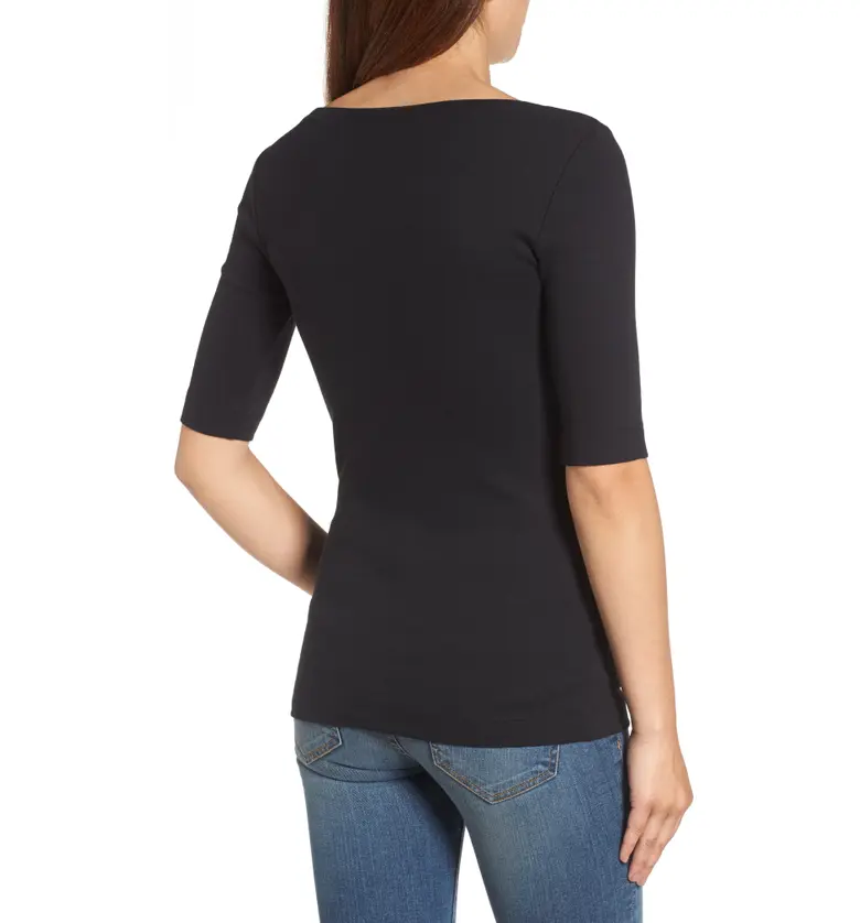  Caslon Ballet Neck Cotton & Modal Knit Elbow Sleeve Tee_BLACK