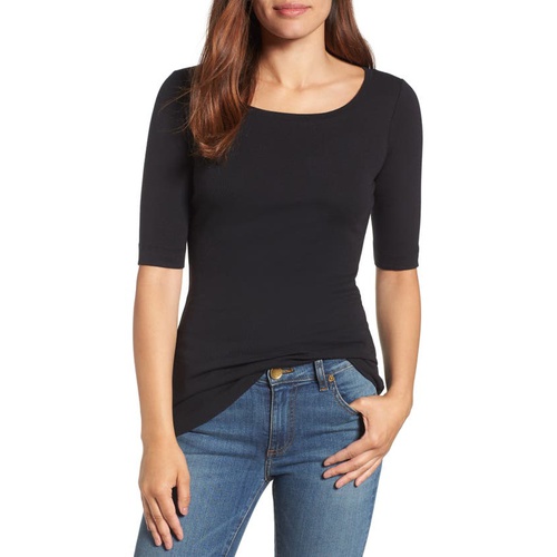  Caslon Ballet Neck Cotton & Modal Knit Elbow Sleeve Tee_BLACK