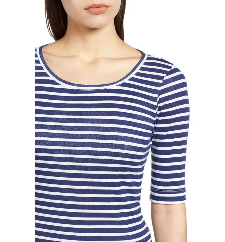  Caslon Ballet Neck Cotton & Modal Knit Elbow Sleeve Tee_NAVY- WHITE ELMER STRIPE