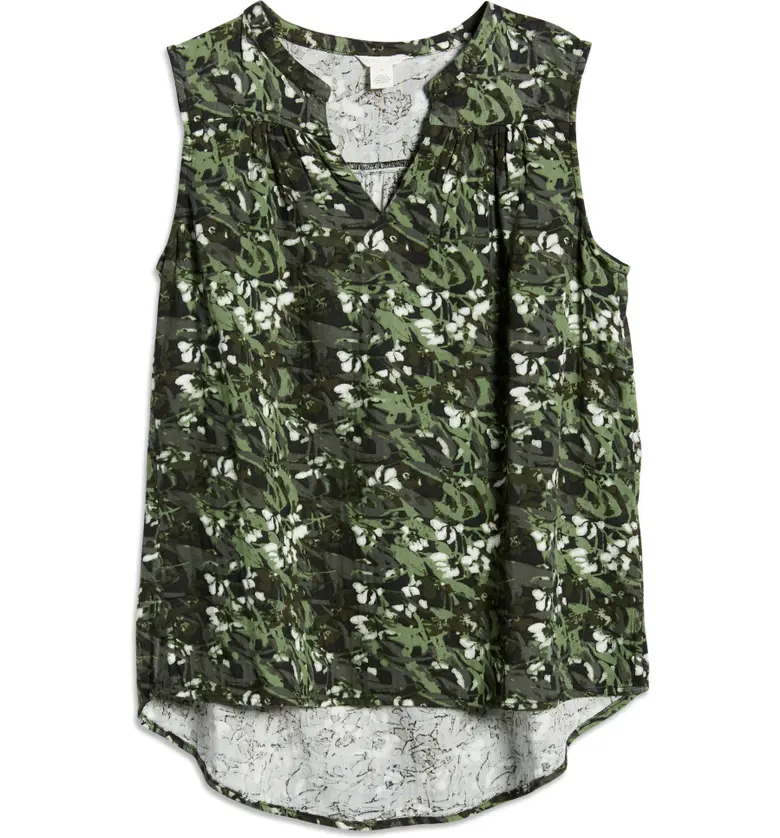  Caslon Gathered A-Line Tank_GREEN- BLACK CAMO FLORAL