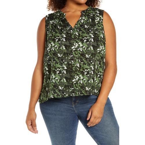  Caslon Gathered A-Line Tank_GREEN- BLACK CAMO FLORAL