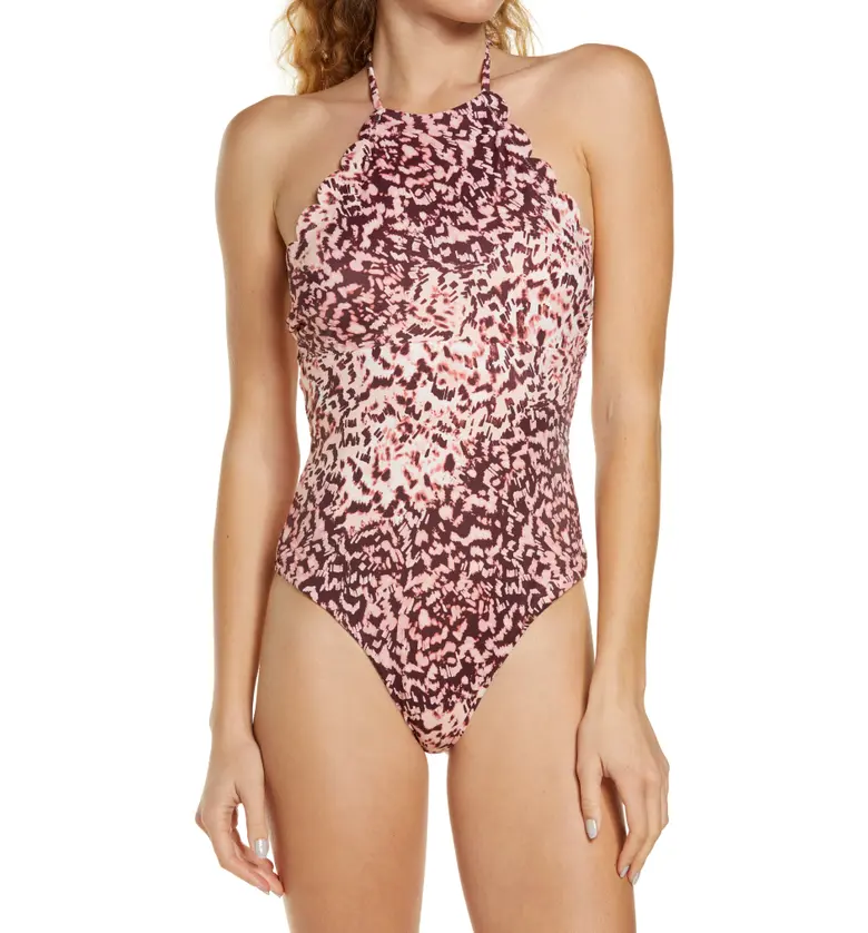 Chelsea28 High Neck Scalloped One-Piece Swimsuit_PINK SOFT SKETCH TEXTURE