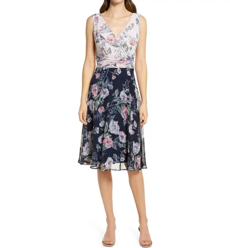 Connected Apparel Contrast Floral Faux Wrap Dress_CHAMPAGNE/ NAVY