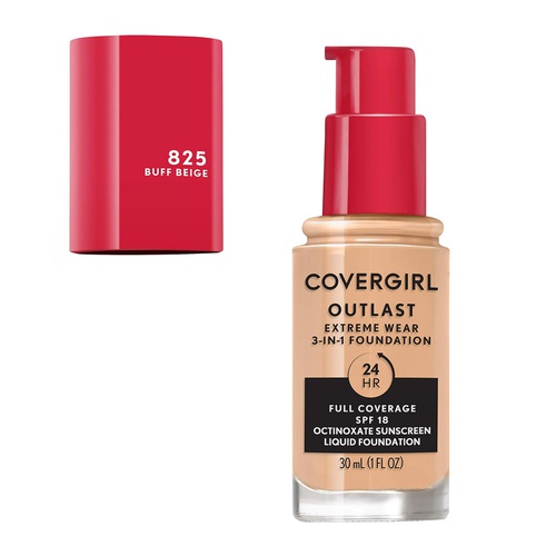  Covergirl Outlast Extreme Wear 3-in-1 Full Coverage Liquid Foundation, SPF 18 Sunscreen, Buff Beige, 1 Fl. Oz.