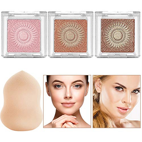  CSS Highlighter Palette, Face Luminizing Highlighter Makeup Palette, Instant Glow Powder Nude Bronzer Highlighter Kit, 3 Packs and One Makeup Sponge