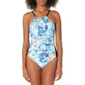 Calvin Klein Womens Solid High Neck Pleated One Piece Swimsuit