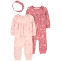 Baby Girls Pink Floral 3-Piece Jumpsuit and Headband Set