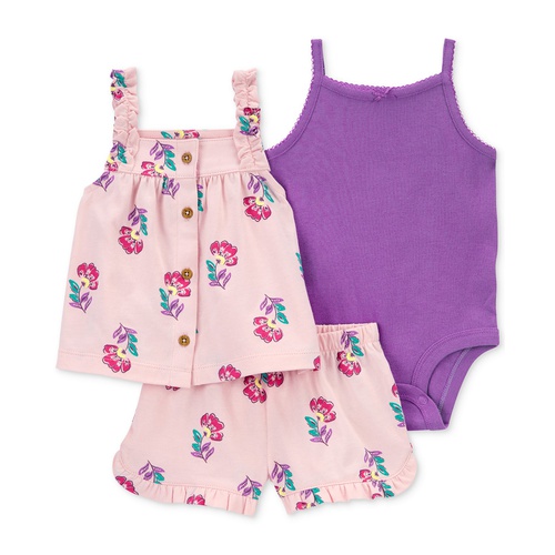 카터스 Baby Girls Cotton Bodysuit Floral-Print Top & Shorts 3 Piece Set