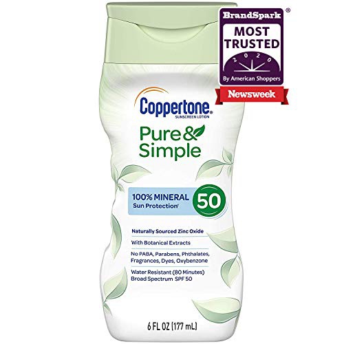  Coppertone Pure & Simple SPF 50 Sunscreen Lotion, Water Resistant, Hypoallergenic, Dermatologically Tested, Plus 100% Natural Botanicals,Broad Spectrum UVA/UVB Protection,White, 6