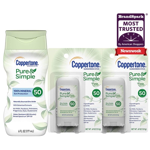  Coppertone Pure & Simple SPF 50 Lotion (6 Ounce) + Two Pure & Simple SPF 50 Stick Sunscreens (2x .49 Ounce), 6.49 Fl Ounce