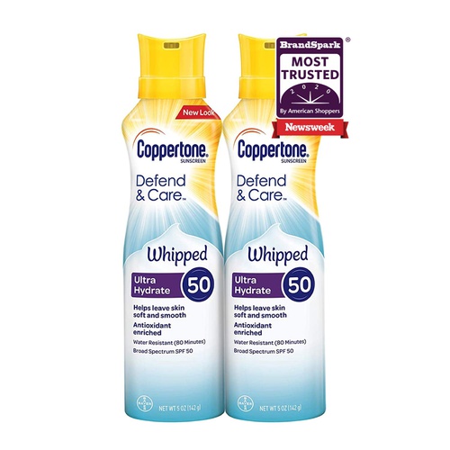  Coppertone Defend & Care Ultra Hydrate Sunscreen Whipped Lotion SPF 50 Multipack (5 Ounce Bottle, Pack of 2)
