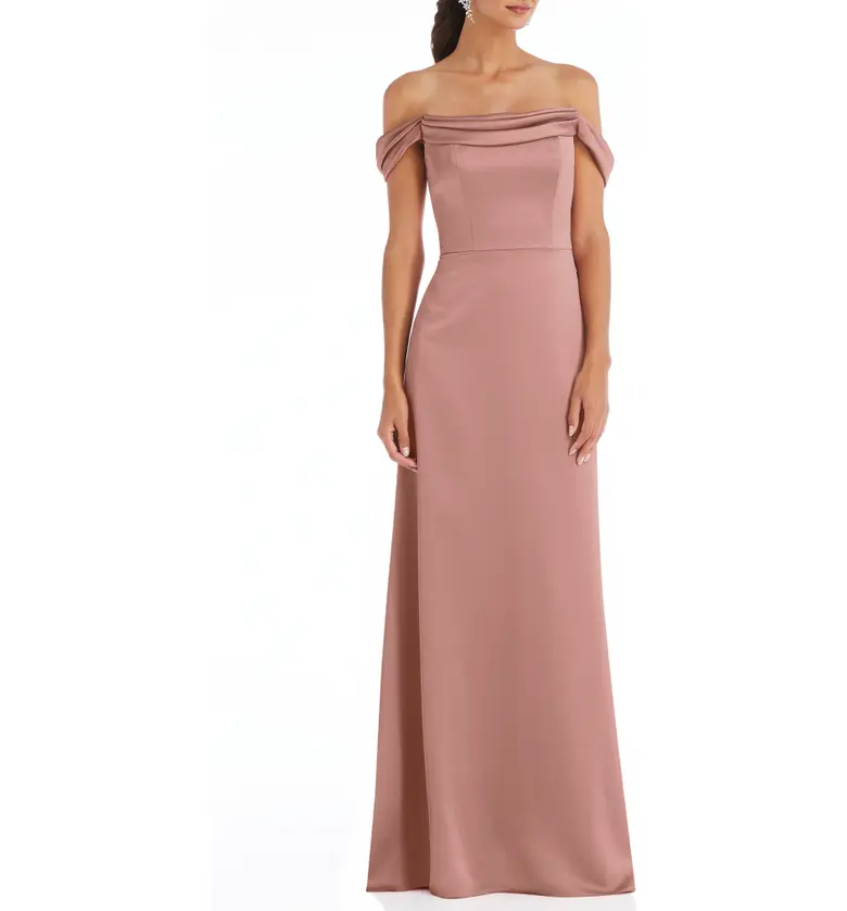 Dessy Collection Off the Shoulder A-Line Charmeuse Gown_DESERT ROSE
