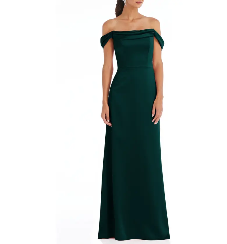 Dessy Collection Off the Shoulder A-Line Charmeuse Gown_EVERGREEN