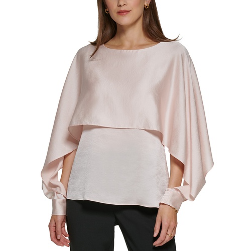 DKNY Petite Solid Crewneck Smocked-Cuff Cape Blouse