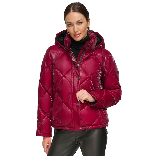 DKNY Womens Diamond Quilted Hooded Puffer Coat