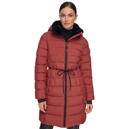 DKNY Womens Rope Belted Faux-Fur-Trim Hooded Puffer Coat
