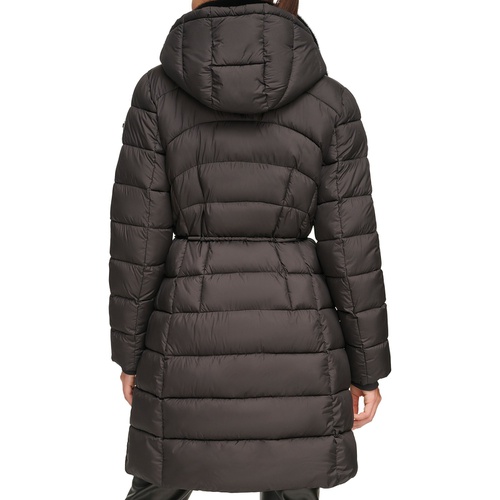 DKNY Womens Rope Belted Faux-Fur-Trim Hooded Puffer Coat