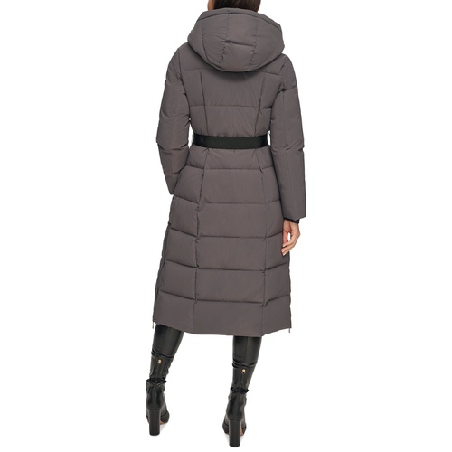 DKNY Womens Maxi Belted Hooded Puffer Coat