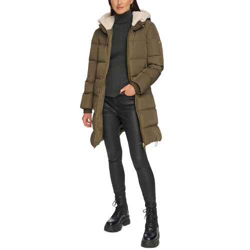 DKNY Womens Down Faux-Fur-Trim Hooded Puffer Coat