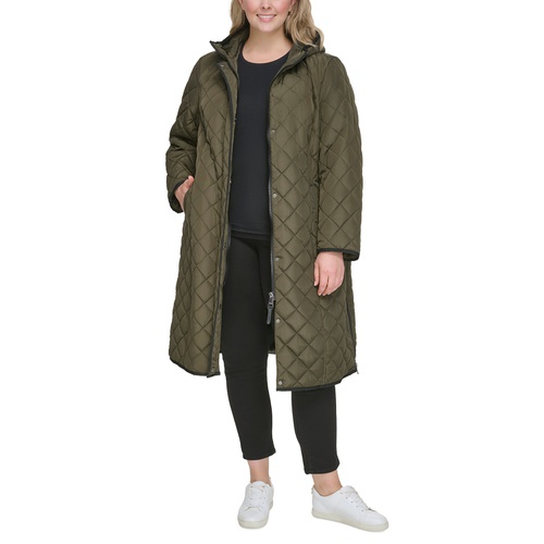 DKNY Womens Plus Size Hooded Belted Quilted Coat