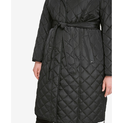 DKNY Womens Plus Size Hooded Belted Quilted Coat