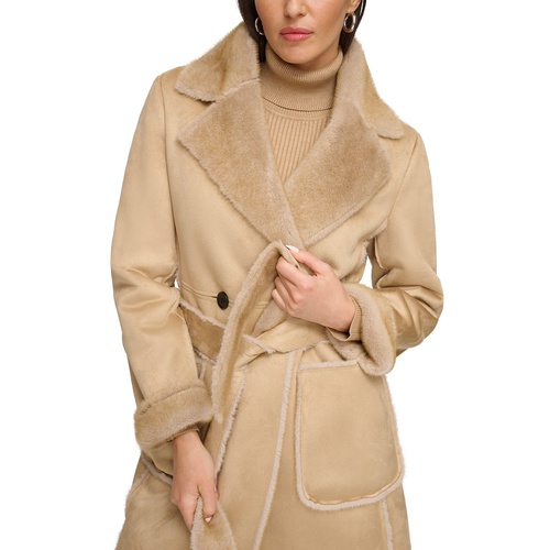DKNY Womens Belted Notched-Collar Faux-Shearling Coat