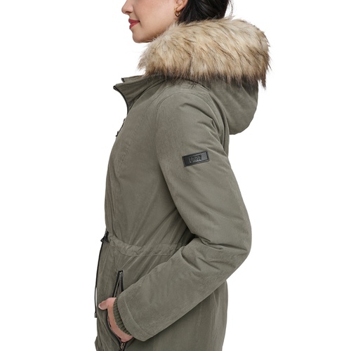 DKNY Womens Faux-Fur-Trim Anorak Coat