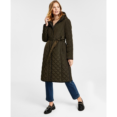 DKNY Womens Hooded Belted Quilted Coat