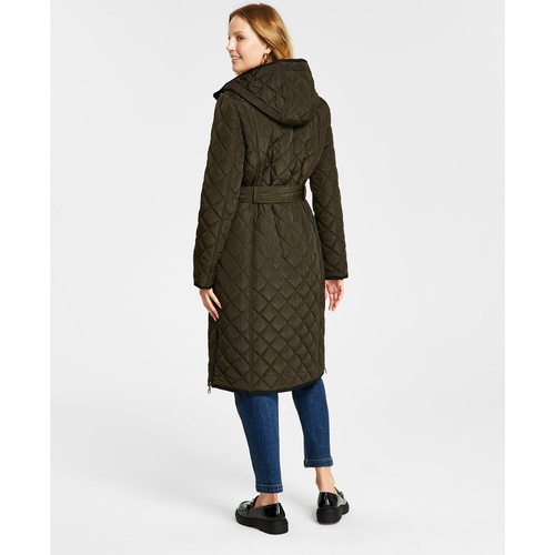 DKNY Womens Hooded Belted Quilted Coat
