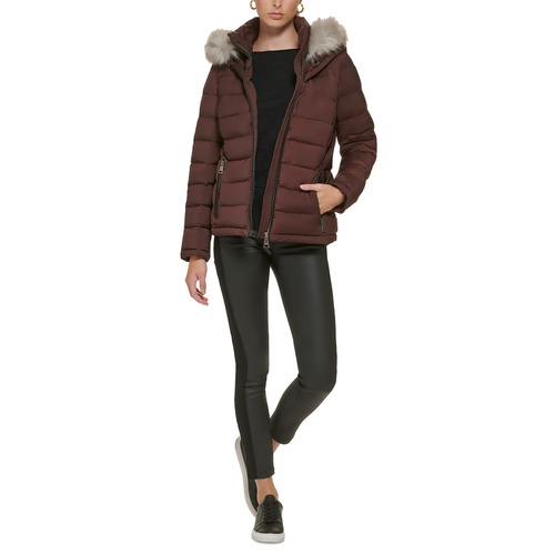 DKNY Womens Faux-Fur-Trim Hooded Puffer Coat