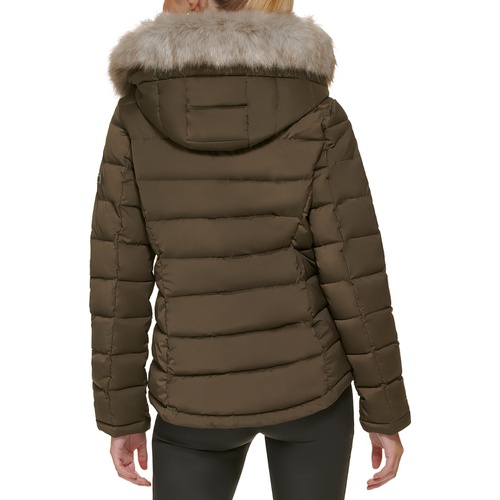 DKNY Womens Faux-Fur-Trim Hooded Puffer Coat