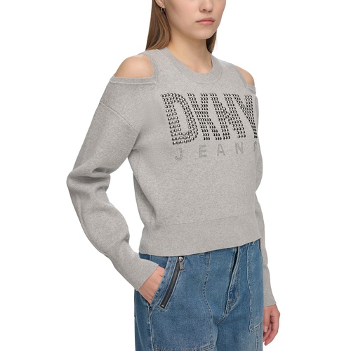 DKNY Womens Cold-Shoulder Embellished-Logo Sweatshirt