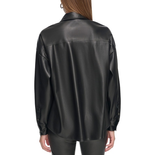 DKNY Womens Zip-Front Faux-Leather Long-Sleeve Shirt
