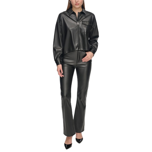DKNY Womens Zip-Front Faux-Leather Long-Sleeve Shirt